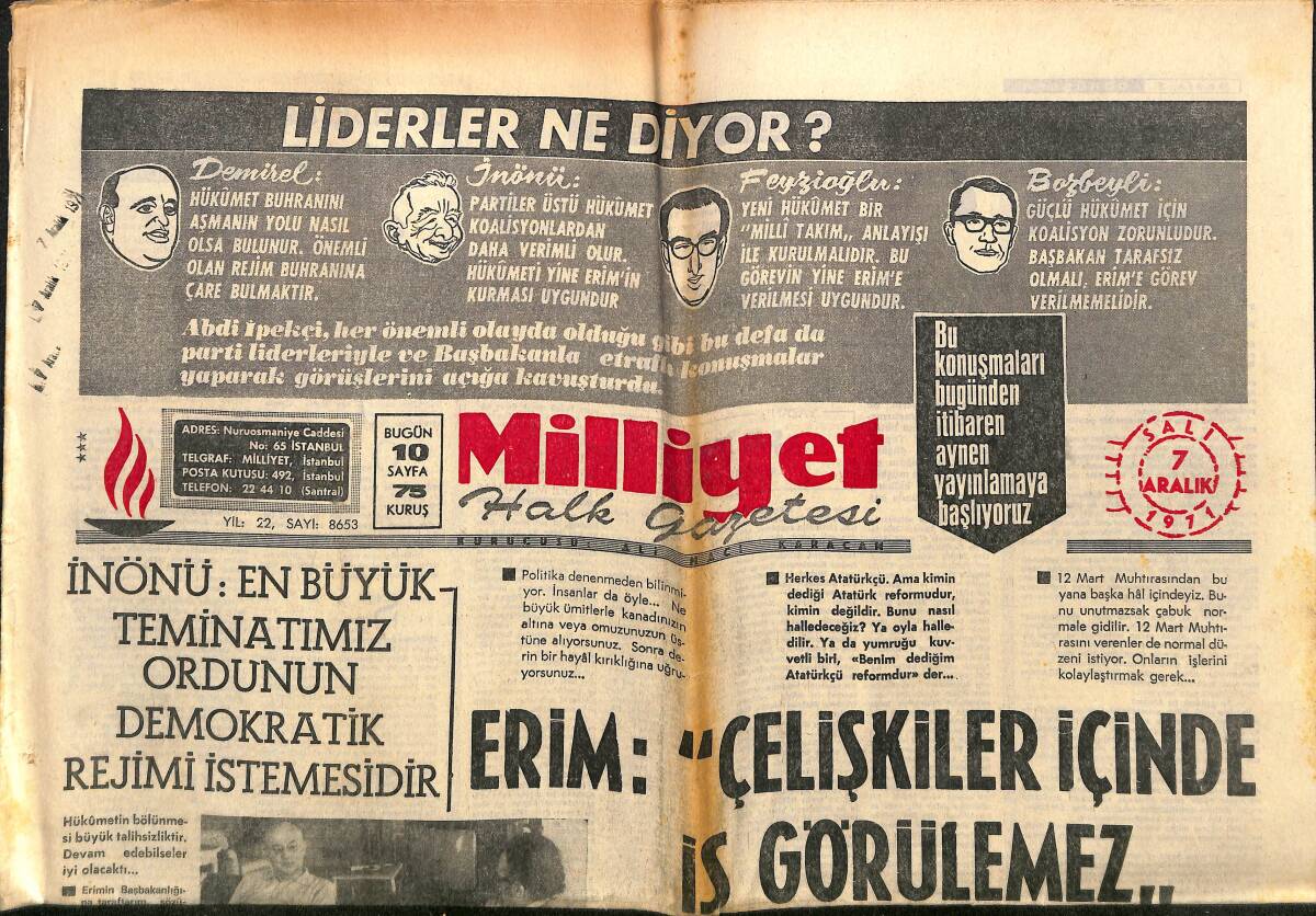 Milliyet Gazetesi 7 Aralık 1971 - Feyzioğlu'nun Karaosmanaoğlu'nu Öven Mektubu Var - Başbakanlık Görevi Yine Erim'e Veriliyor GZ140080 - 1