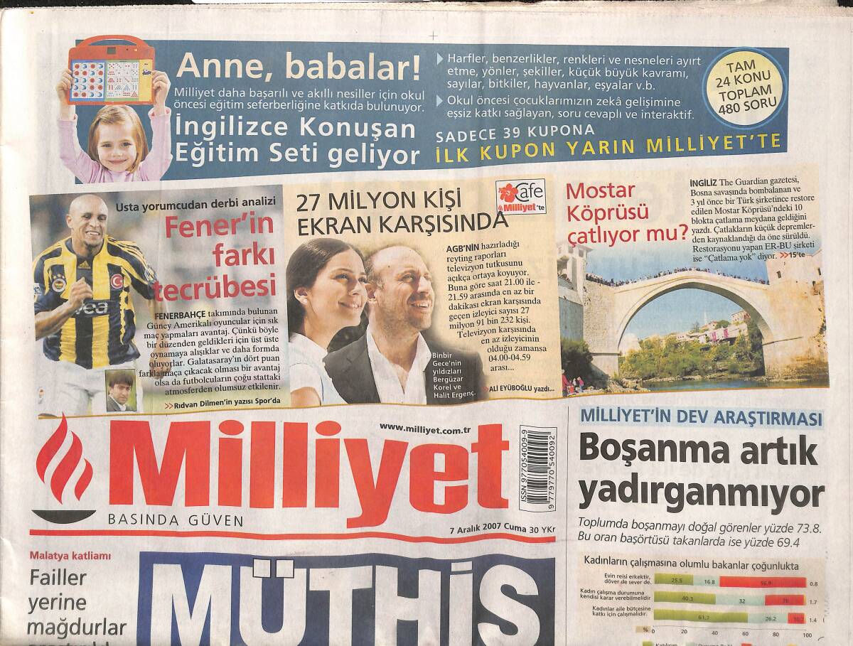 Milliyet Gazetesi 7 Aralık 2007 - Fener'in Farklı Tecrübesi - Mostar Köprüsü Çatlıyor Mu ? GZ152969 - 1