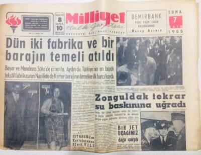 Milliyet Gazetesi 7 Ekim 1955 - Bayar Ve Menderes Çimento, Tekstil Fabrikası Ve Kemer Barajının Temeline İlk Harcı Koydu GZ53734 - 1