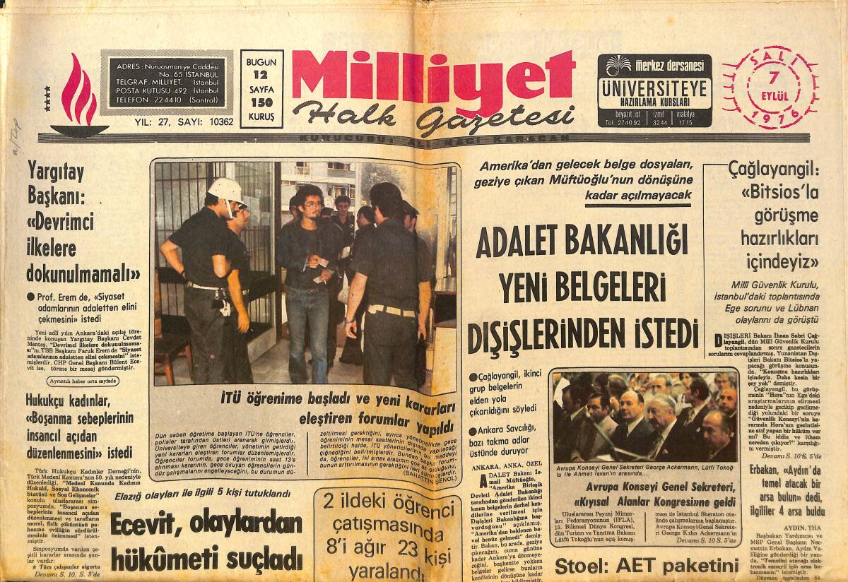 Milliyet Gazetesi 7 Eylül 1976 - Bülent Ecevit, Olaylardan Hükümeti Suçladı - Asiltürk: Korutürk'ün Motoruna Veda İçin Bindik! GZ140136 - 1