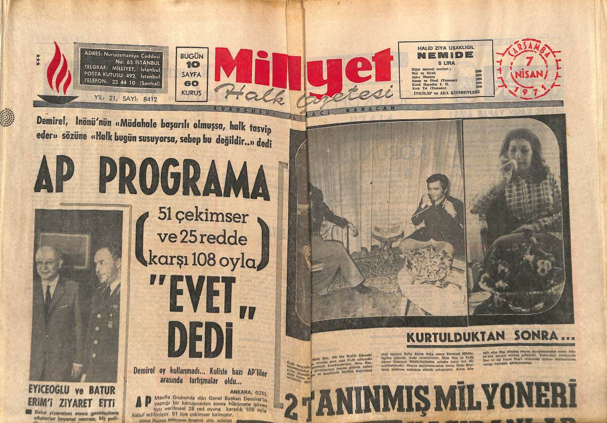 Milliyet Gazetesi 7 Nisan 1971 - 2 Tanınmış Milyoneri Kaçıranlar Bulunamadı - Galatasaray En Formda Elemanını Elinden Kaçırdı GZ140207 - 1
