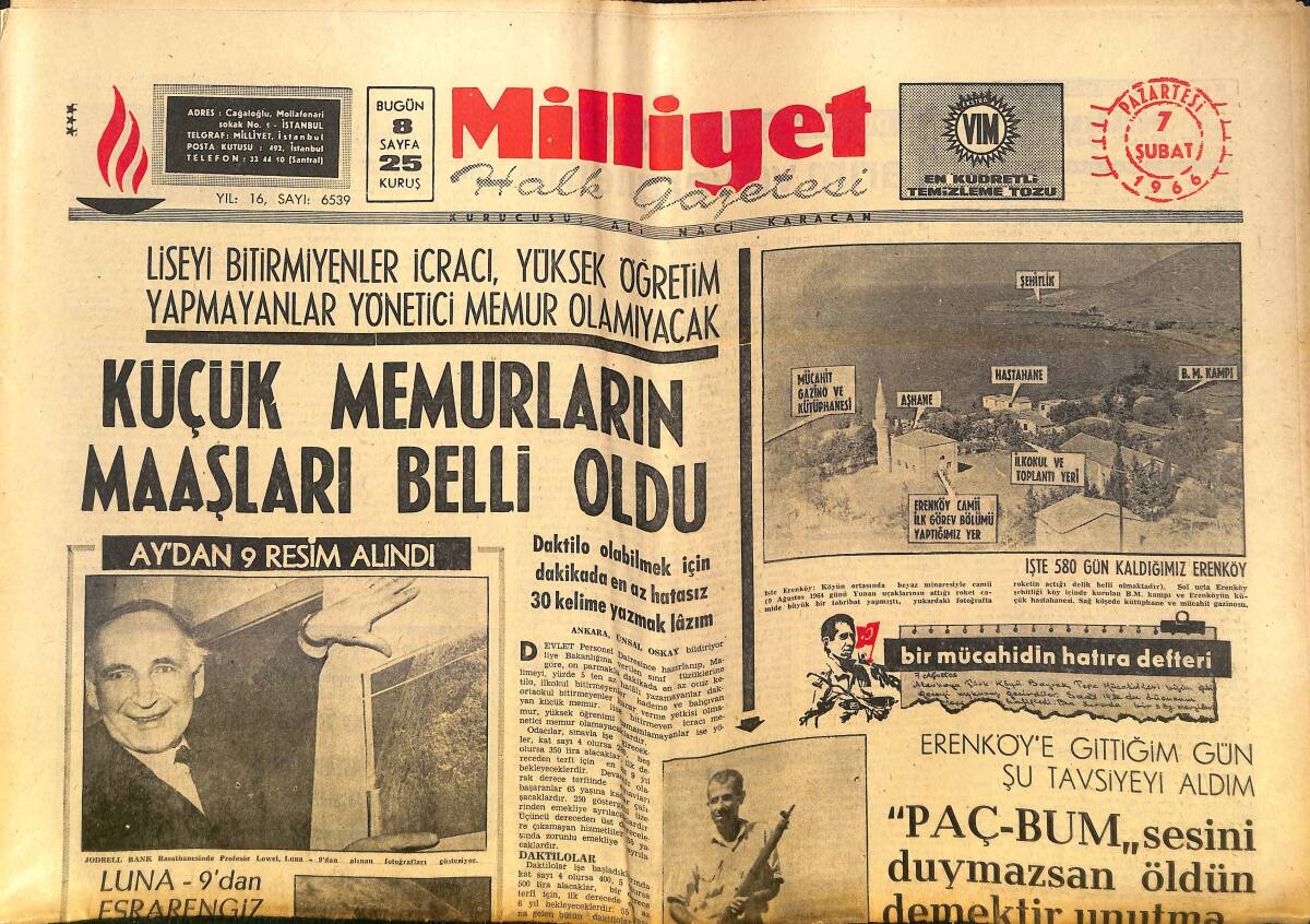 Milliyet Gazetesi 7 Şubat 1966 - Süleyman Demirel: Devlet Otoritesini Koruyacağız! - Luna-9'dan Esrarengiz Sesler Geldi! GZ140177 - 1