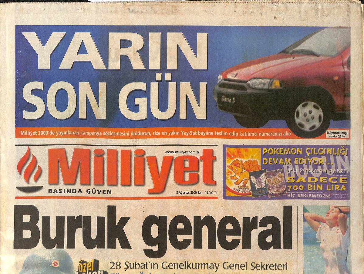 Milliyet Gazetesi 8 Ağustos 2000 - Sergen Yalçın Trabzon'da - Murat Demirel'e Çete Suçlaması GZ3325 - 1