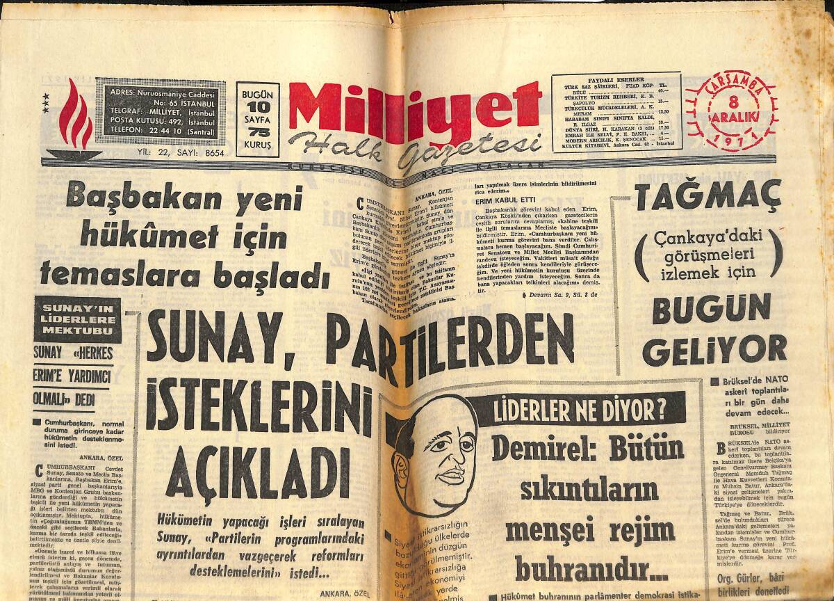 Milliyet Gazetesi 8 Aralık 1971 - Sophia Loren Rahibe Rolünde - Sunay, Partilerden İsteklerini Açıkladı GZ146432 - 1