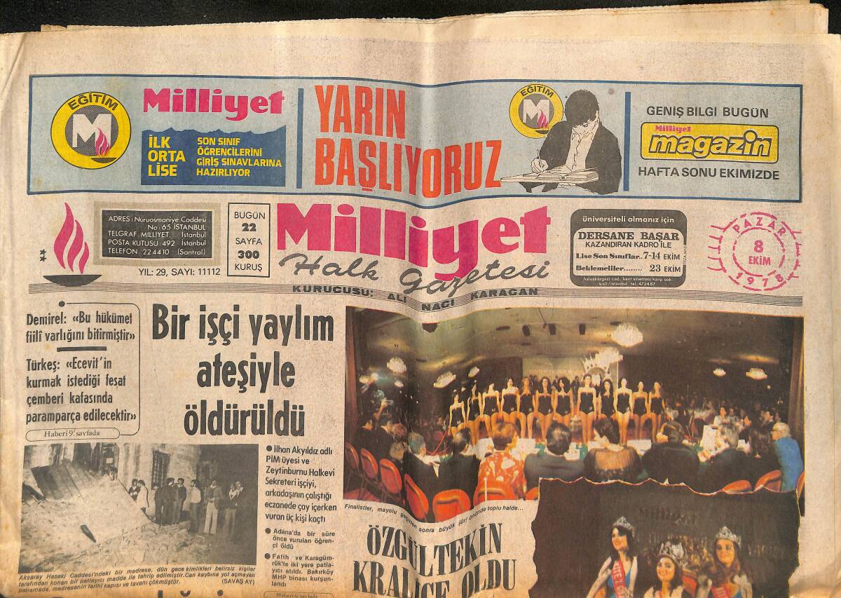 Milliyet Gazetesi 8 Ekim 1978 - Bir İşçi Yaylım Ateşiyle Öldürüldü - 1978 Türkiye Güzellik Kraliçesi 