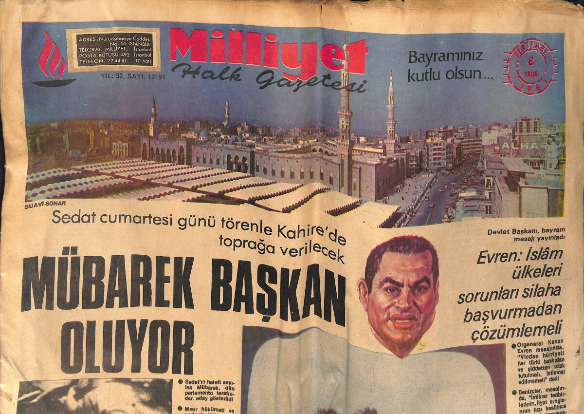 Milliyet Gazetesi 8 Ekim 1981 - Evren : İslam Ülkeleri Sorunları Silahla Çözmemeli - Fenerbahçe'ye Sakat Futbolcularından İyi Haber Geldi GZ133403 - 1