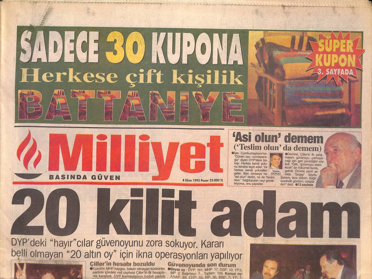 Milliyet Gazetesi 8 Ekim 1995 - Galatasaray'ın Gurur Günü - Fenerbahçe'nin Bileği Bükülmüyor GZ132597 - 1
