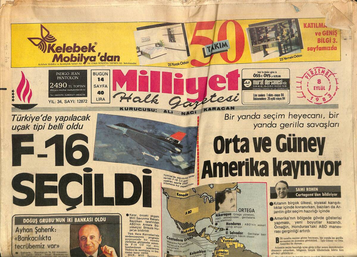 Milliyet Gazetesi 8 Eylül 1983 - Türkiye'de Yapılacak Uçak Tipi Seçildi F-16 - Orta Ve Güney Amerika Kaynıyor - Ajda Pekkan Trafiği Karıştırdı GZ140091 - 1