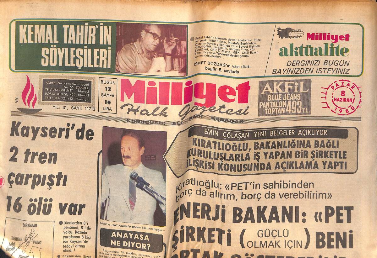 Milliyet Gazetesi 8 Haziran 1980 - Kayseri'de 2 Tren Çarpıştı - Avrupa Futbol Şampiyonası GZ133204 - 1