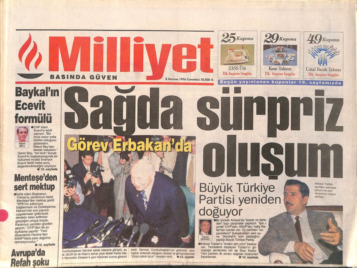 Milliyet Gazetesi 8 Haziran 1996 - Fatih Terim'in Aslanları 2. Fethe Hazır - Görev Erbakan'da GZ2890 - 1