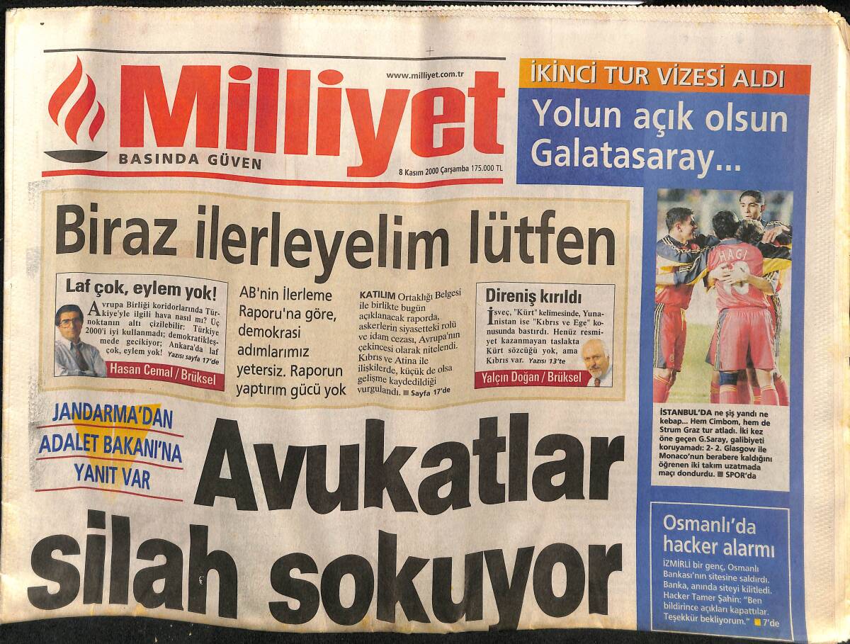 Milliyet Gazetesi 8 Kasım 2000 - Yolun Açık Olsun Galatasaray - Murat Demirel'in Cezaevi Günlüğü GZ157340 - 1