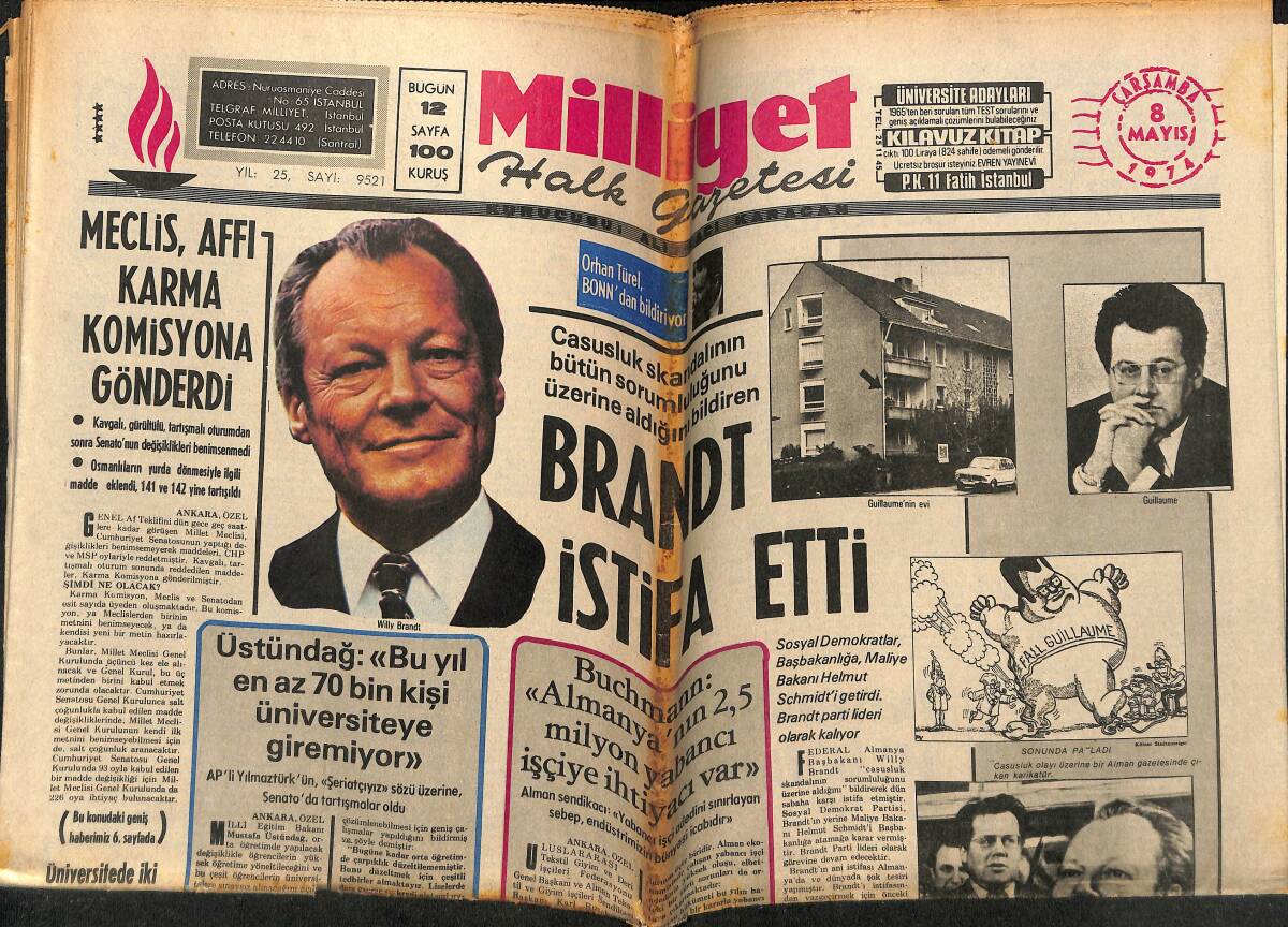 Milliyet Gazetesi 8 Mayıs 1974 - Brandt İstifa Etti - Ecevit: Kalacağımızı İspat Edeceğiz GZ148943 - 1