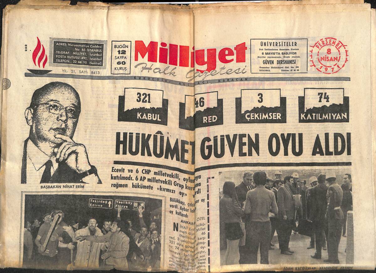 Milliyet Gazetesi 8 Nisan 1971 - Hükümet Güven Oyu Aldı - 1966 Dünya Kupasının İki Yıldızı Fenerbahçe'de Asparukov Ve Yakimov GZ140206 - 1
