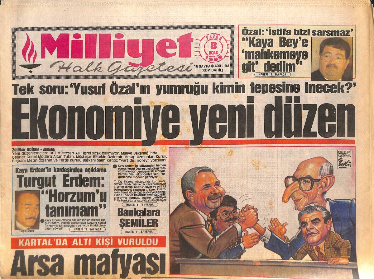 Milliyet Gazetesi 8 Ocak 1989 - Ekonomiye Yeni Düzen - Fenerbahçe'den Organ Bağışı - Muazzez Abacı Söyledi, Heybetli Dinledi GZ134029 - 1