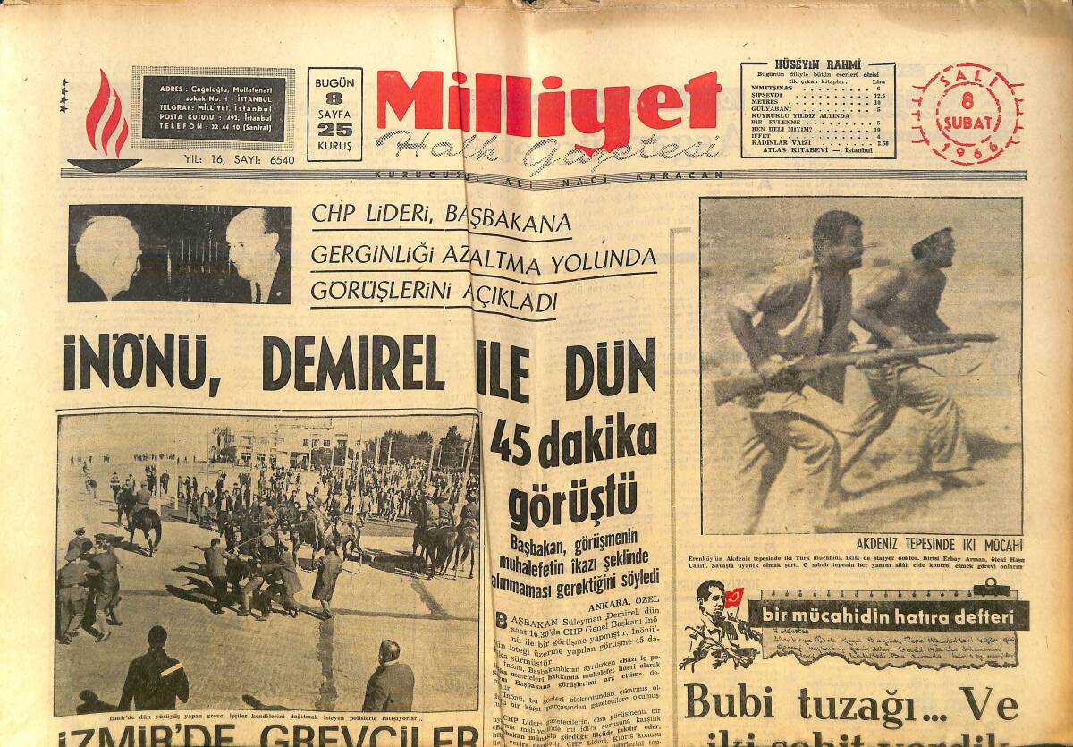 Milliyet Gazetesi 8 Şubat 1966 - İsmet İnönü, Süleyman Demirel İle Dün 45 Dakika Görüştü! - İzmir'de Grevciler Dün Polisle Çatıştı! GZ140178 - 1