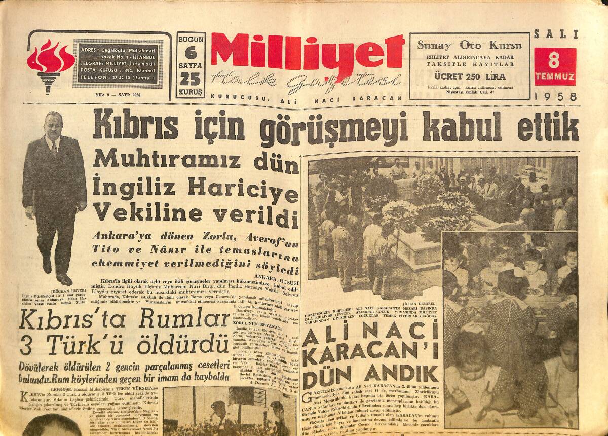 Milliyet Gazetesi 8 Temmuz 1958 - Kıbrıs'ta Rumlar 3 Türk'ü Öldürdü - Yırcalı İnönü'nün Son Nutkuna Cevap Verdi! GZ140110 - 1