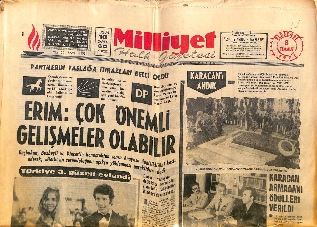 Milliyet Gazetesi 8 Temmuz 1971 - Korkunç Yenge Bayan Ngo Din Nhu - Güzel, Fenerbahçeli Nedim İle Hayatını Birleştirdi GZ140060 - 1