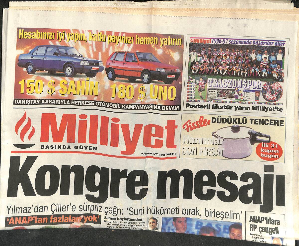 Milliyet Gazetesi 9 Ağustos 1996 - Çankaya'dan Uyarı - Kosta'nın Başı Dertte GZ153021 - 1