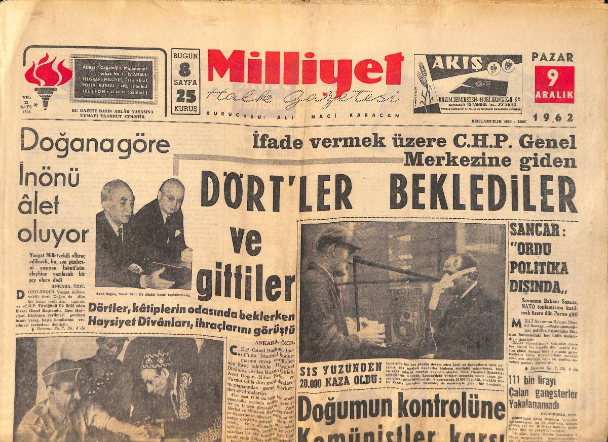 Milliyet Gazetesi 9 Aralık 1962 - Fenerbahçe Ankaragücü'nü Net Yendi - Doğana Göre İnönü Alet Oluyor GZ156623 - 1