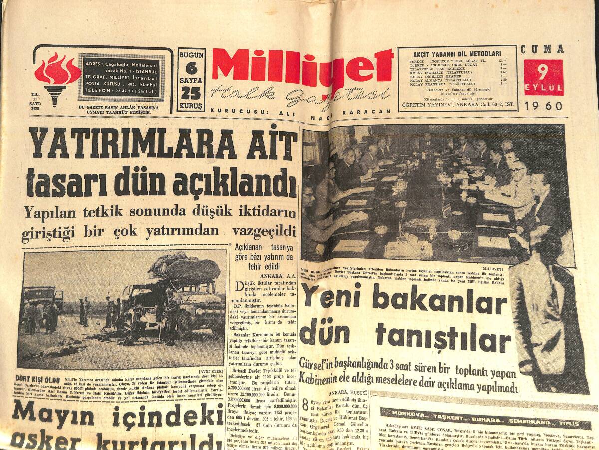 Milliyet Gazetesi 9 Eylül 1960 - Yatırımlara Ait Tasarı Dün Açıklandı - Atletizmde Devler Mücadelesi Bitti GZ141910 - 1