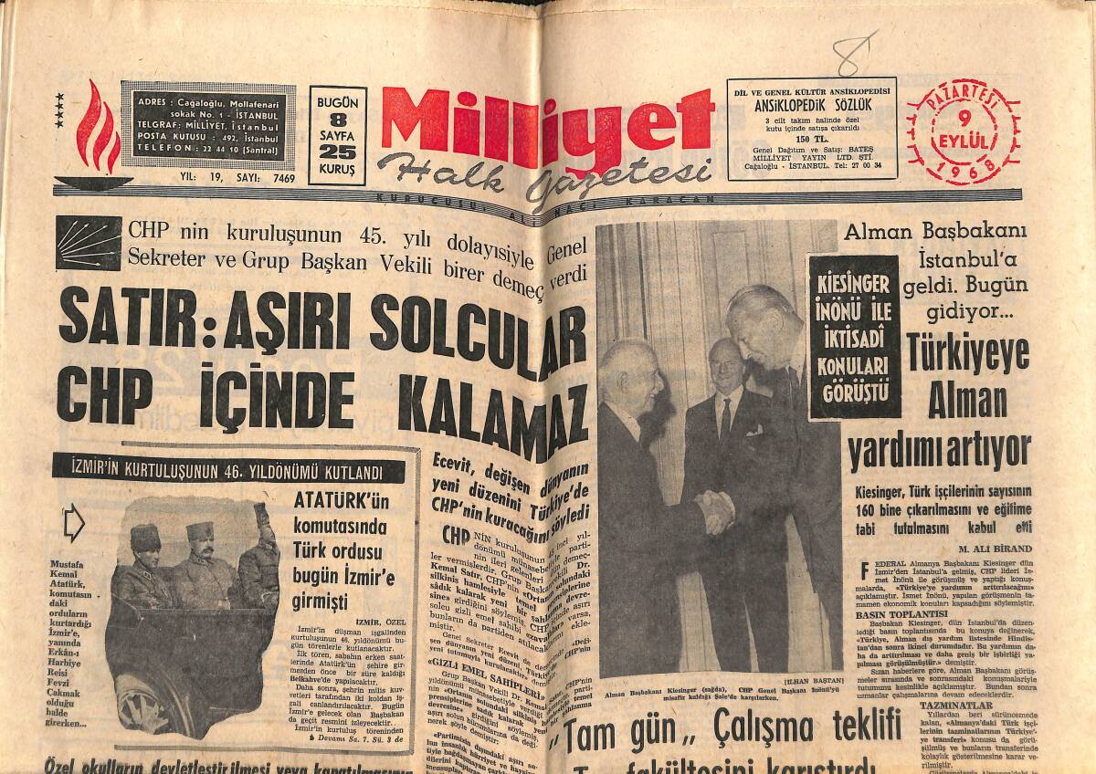 Milliyet Gazetesi 9 Eylül 1968 - Türkiye'ye Alman Yardımı Artıyor - İsmail Akçay Balkan Şampiyonu GZ148951 - 1