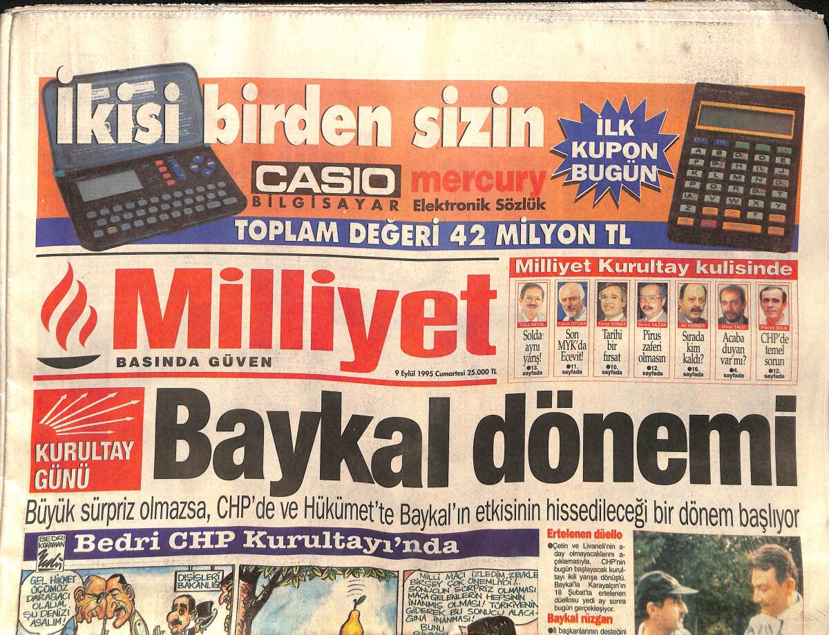 Milliyet Gazetesi 9 Eylül 1995 - Baykal Dönemi - Talihsiz Ömer'e Fatih Terim Sahip Çıktı - Fener'de Rekor Prim GZ157419 - 1