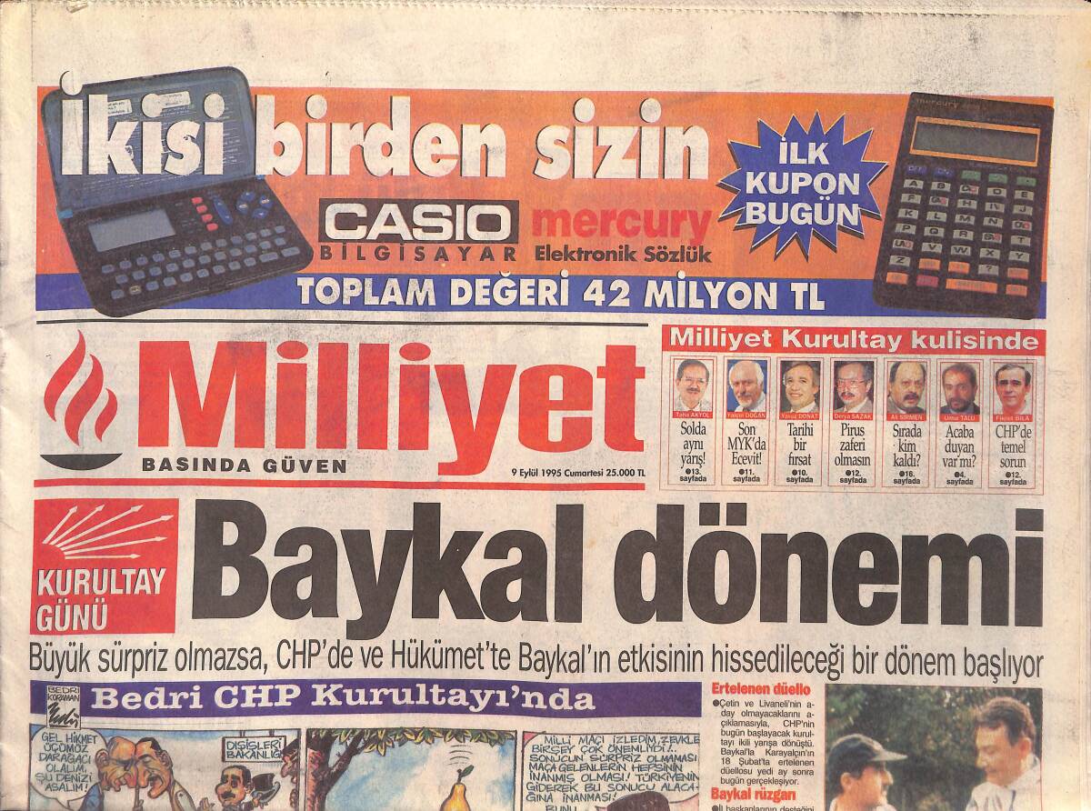 Milliyet Gazetesi 9 Eylül 1995 - İsviçre'nin Başı Dertte - Baykal Dönemi - Fenerbahçe'de Rekor Prim GZ132635 - 1