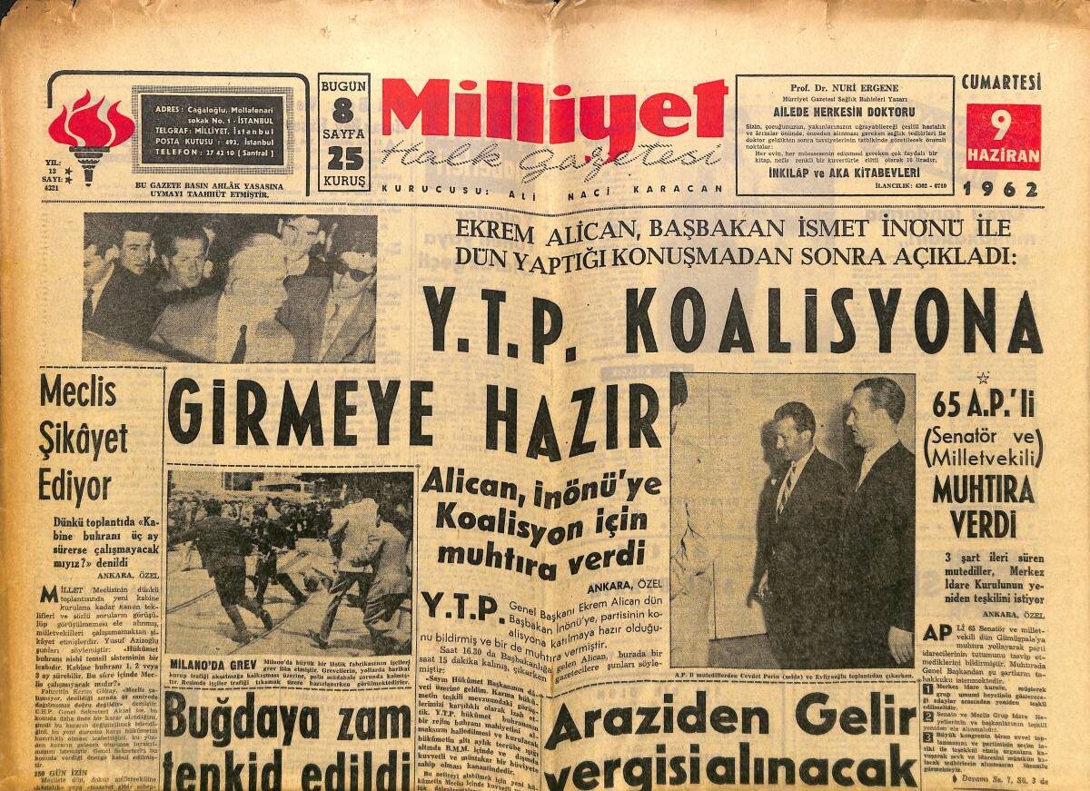 Milliyet Gazetesi 9 Haziran 1962 - Dünyayı İdare Edenlerin Kadınları - Burton Liz'i Vapura Bindiriyor -Jane Mansfield Twist Yaparken Çırılçıplak Kaldı GZ140257 - 1