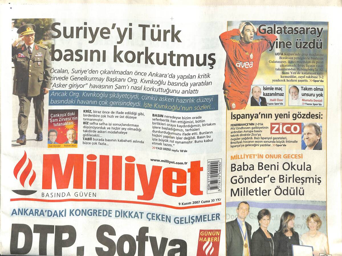 Milliyet Gazetesi 9 Kasım 2007 - Galatasaray Yine Üzdü - Baba Beni Okula Gönder BM Onur Ödülünü Aldı GZ153138 - 1