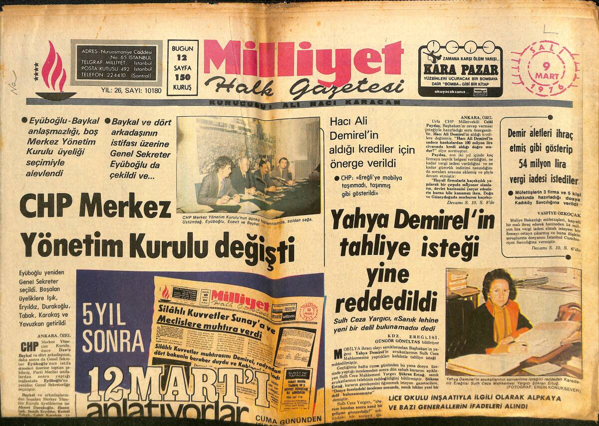 Milliyet Gazetesi 9 Mart 1976 - Ajda Pekkan Enrico Macias İle Bu Gece Olympia'da Özel Galaya Çıkıyor! - CHP Merkez Yönetim Kurulu Değişti! GZ140128 - 1
