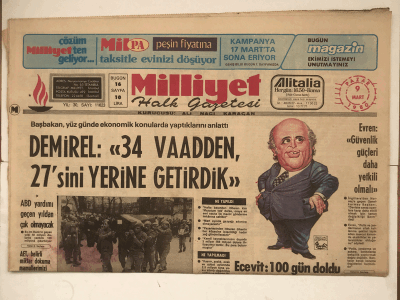 Milliyet Gazetesi 9 Mart 1980 - Demirel 34 Vaadden 27 sini Yerine Getirdik GZ5406 - 2