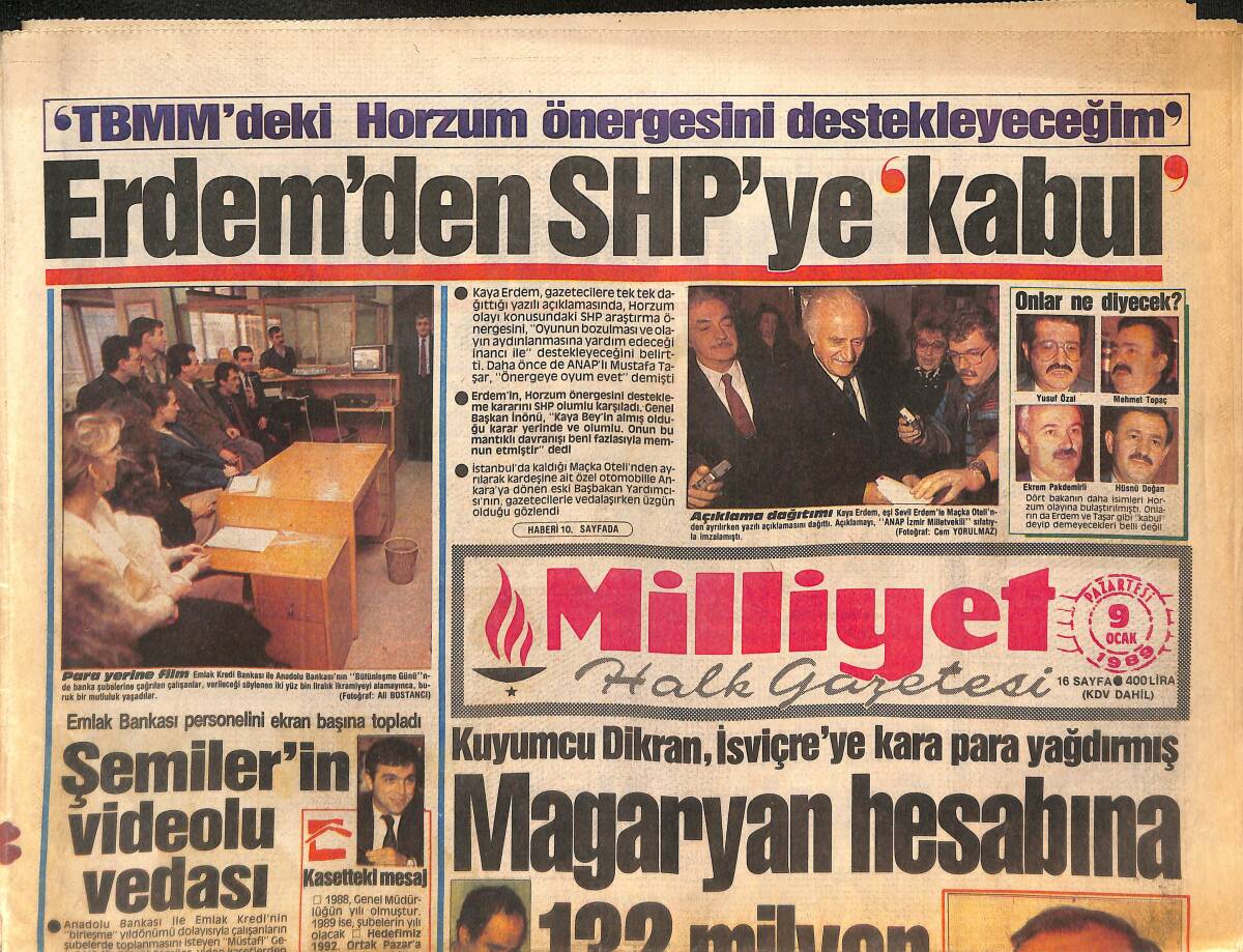 Milliyet Gazetesi 9 Ocak 1989 - Magaryan Hesabına 132 Milyar - Milan'ın Dev Transferi 