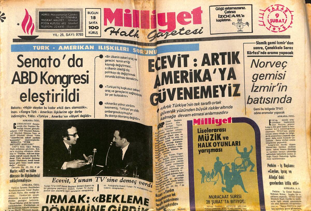 Milliyet Gazetesi 9 Şubat 1975 - Ecevit: Artık Amerika'ya Güvenemeyiz - Cüneyt Arkın Necla Nazır Bırakın Yaşayalım Afiş GZ140064 - 1