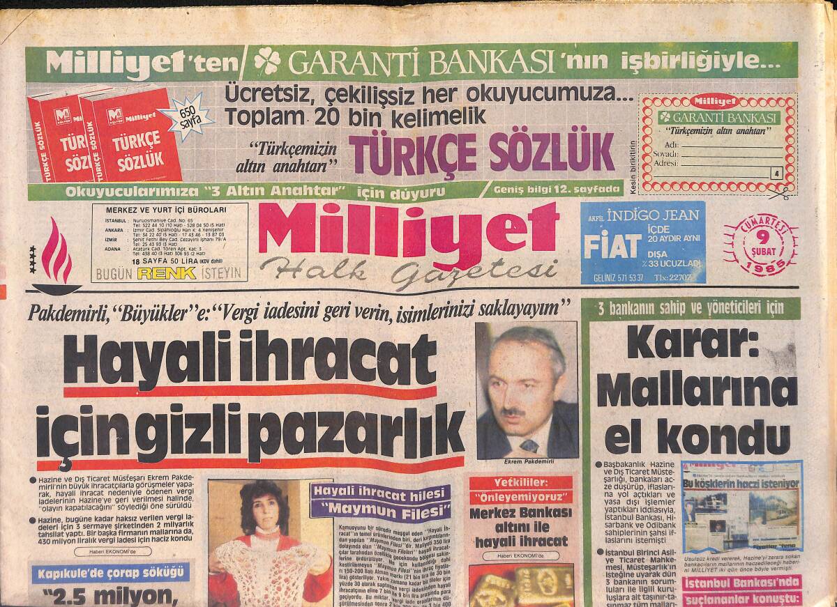 Milliyet Gazetesi 9 Şubat 1985 - 3 Bankanın Sahipleri Ve Yöneticilerinin Mallarına El Konuldu - Tadımlık Kuru Fasulye 700 Lira GZ155876 - 1