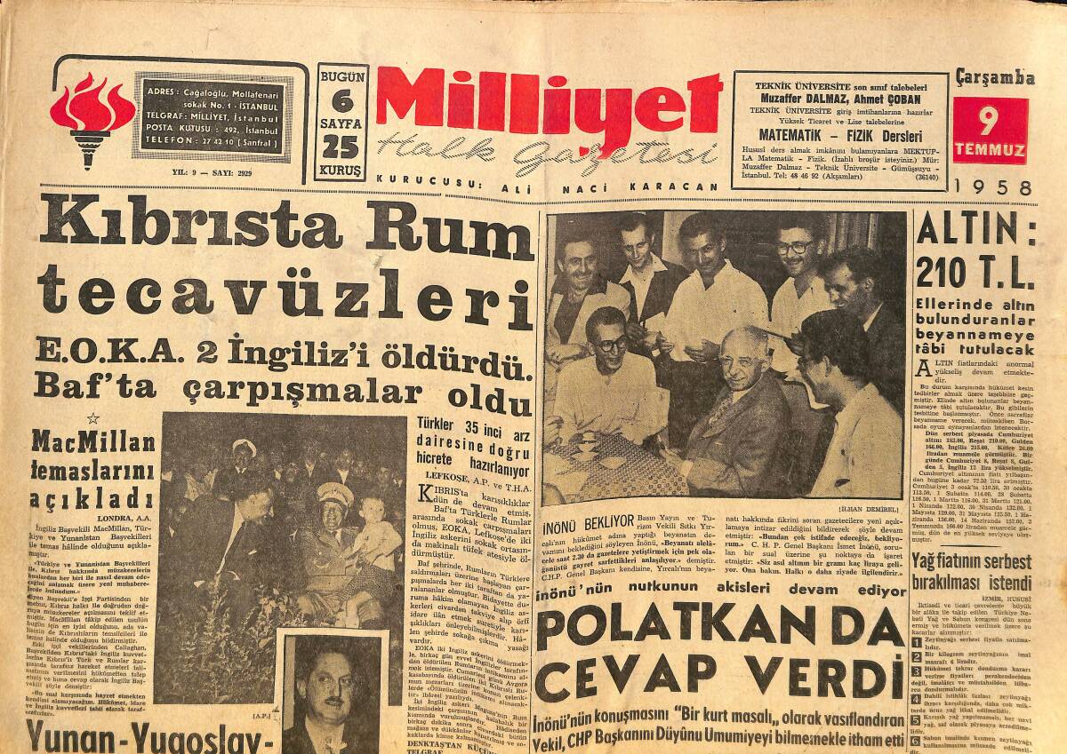 Milliyet Gazetesi 9 Temmuz 1958 - İsmet İnönü'nün Nutkunun Akisleri Devam Ediyor - Asiler Beyrut'a Hücuma Hazır GZ140111 - 1