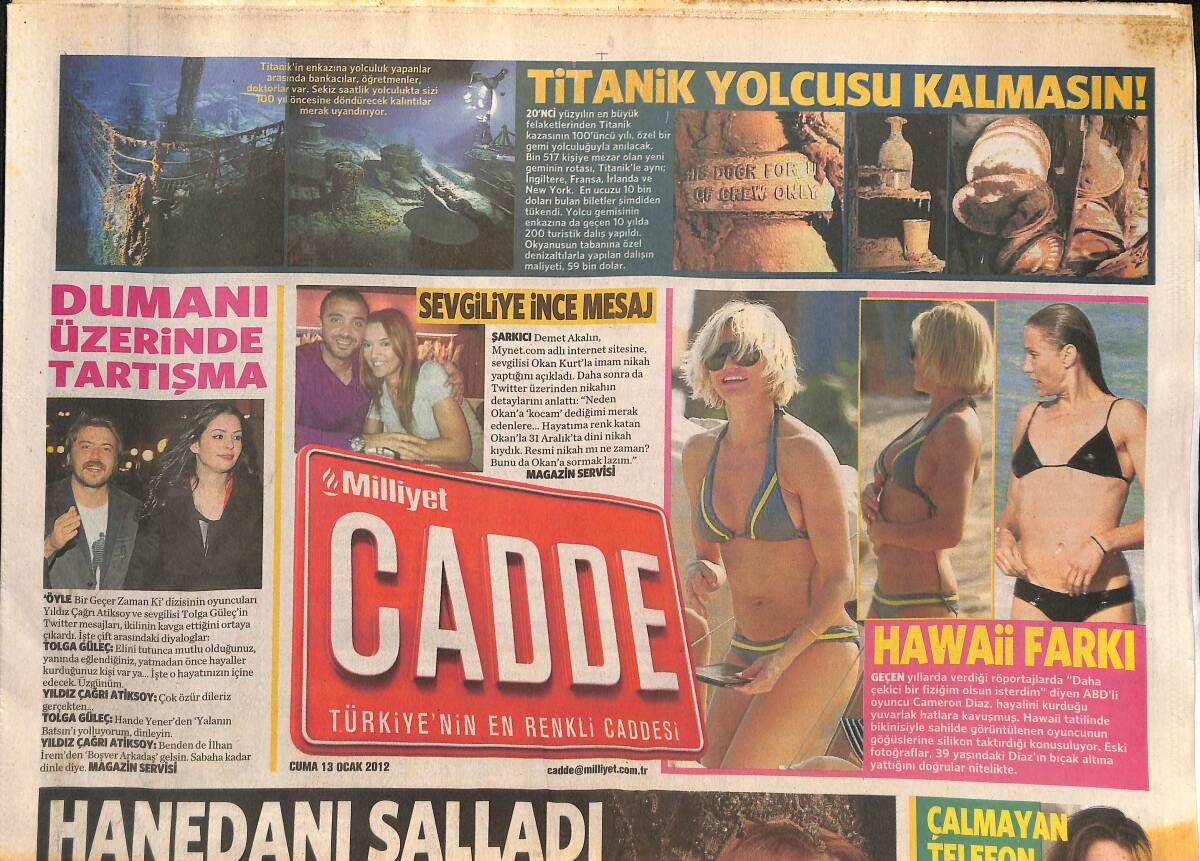 Milliyet Gazetesi Cadde Eki 13 Ocak 2012 - Titanik Yolcusu Kalmasın - Eurovision'da Ermeni-Azeri Savaşı Başladı - Beyaz Perdede Meryl Streep Ağırlığı GZ136296 - 1