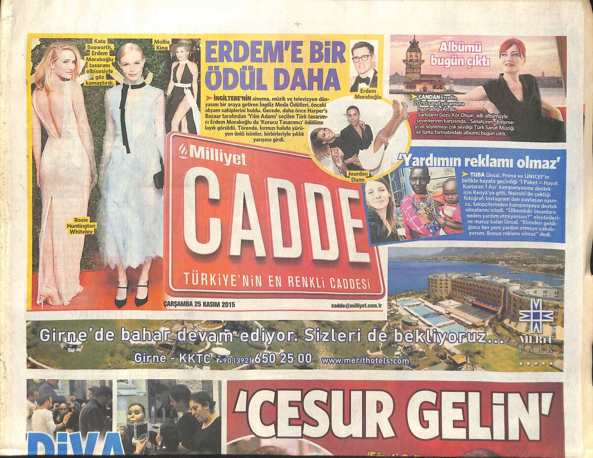 Milliyet Gazetesi Cadde Eki 25 Kasım 2015 - Candan Erçetin Albümü Çıktı - Bülent Ersoy Seferberliği - Yeşim Salkım Cesur Gelin GZ136036 - 1