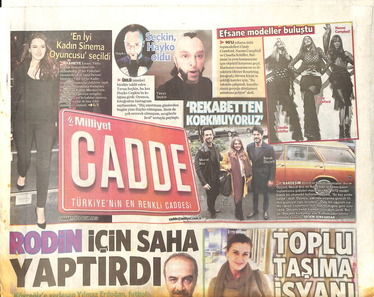 Milliyet Gazetesi Cadde Eki 9 Ocak 2016 - Fahriye Evcen En İyi Kadın Sinema Oyuncusu Seçildi - Seçkin, Hayko Oldu GZ154718 - 1