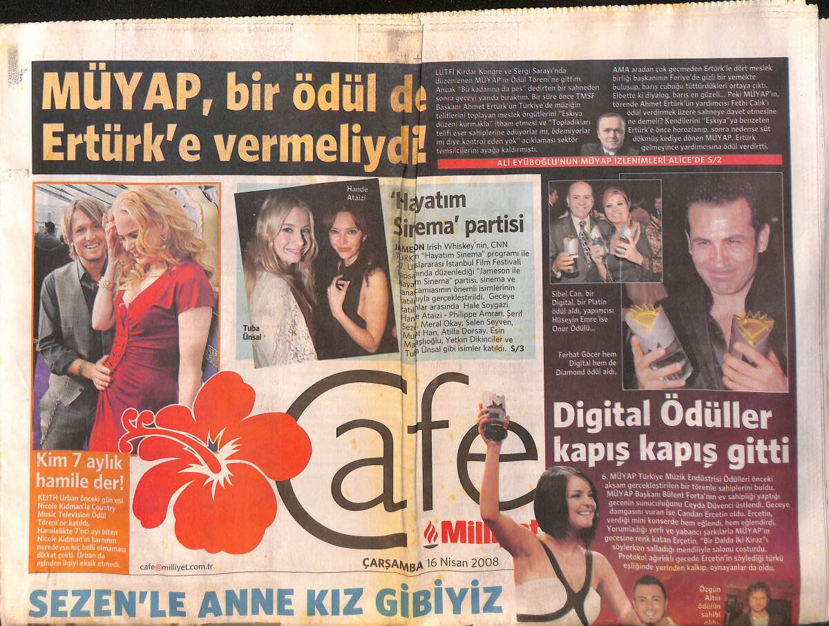 Milliyet Gazetesi Cafe Eki 16 Nisan 2008 - Aşkın Nur Yengi, Sezen Aksu İle Anne Kız Gibiyiz - Ödül Gecesinde 