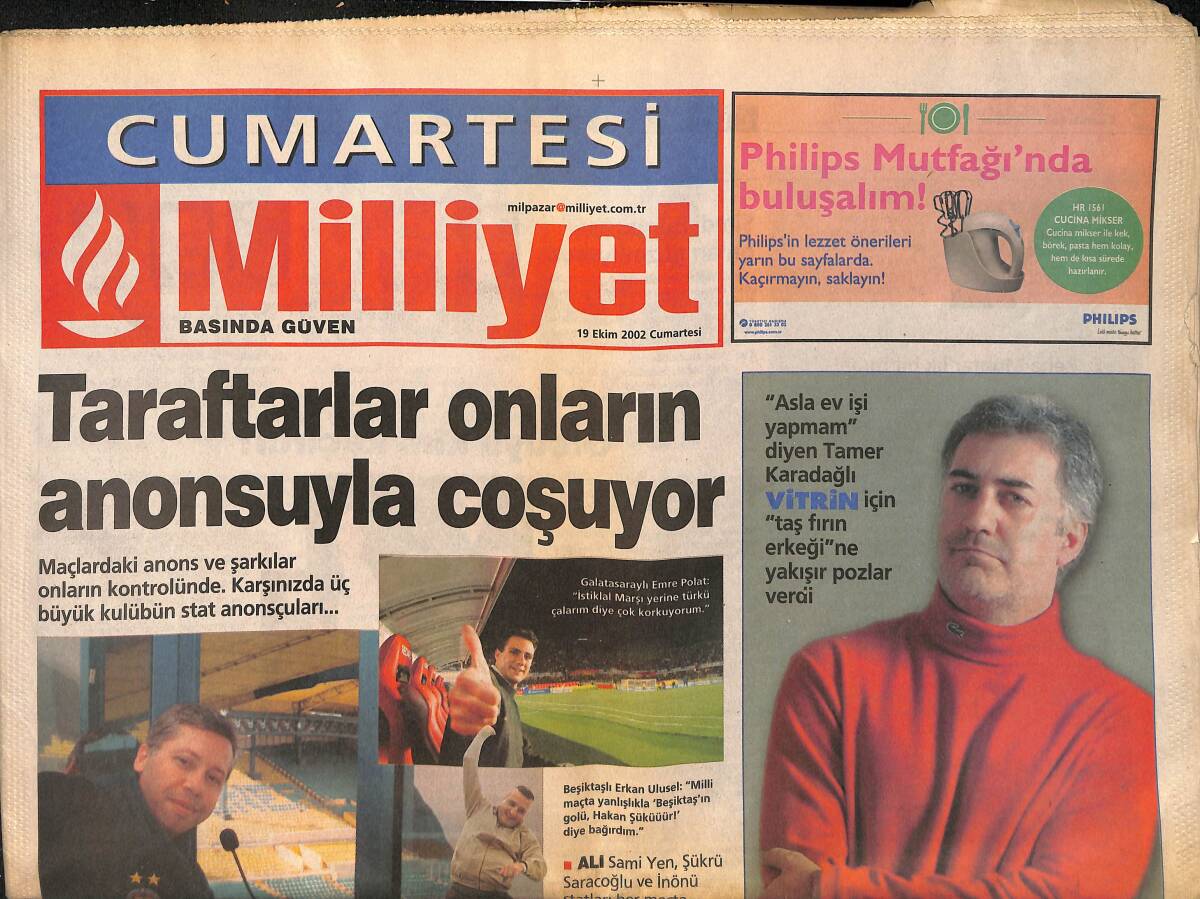 Milliyet Gazetesi Cumartesi Eki 19 Ekim 2002 - Tamer Karadağlı '' Aldatan Kadını Yok Sayarım '' - Özgü Namal , Beşibiryerde Adlı Dizide GZ155444 - 1