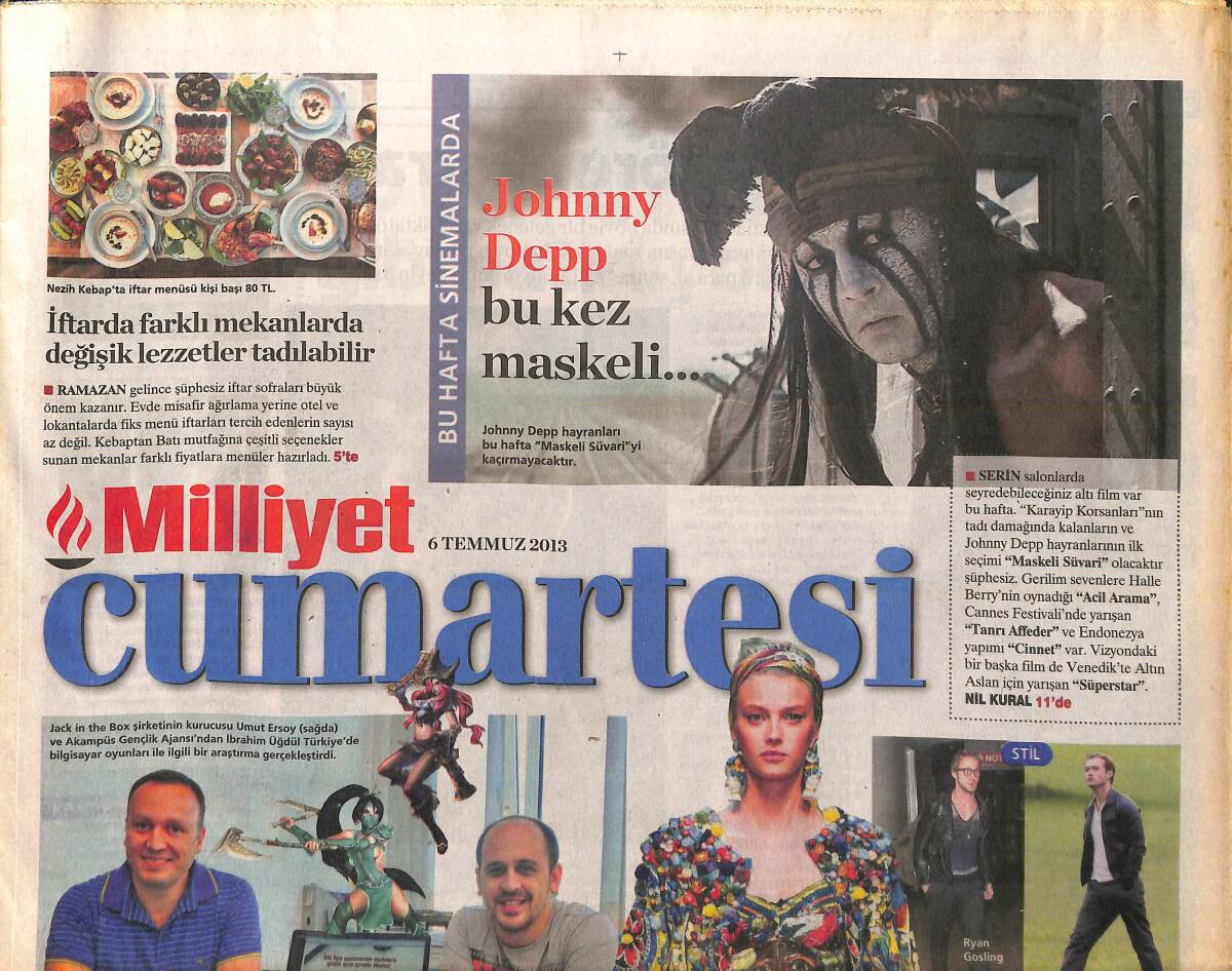 Milliyet Gazetesi Cumartesi Eki 6 Temmuz 2013 - Johnny Depp Bu Kez Maskeli - Mustafa Sandal Türkmenistan'daki Doğum Gününde Şarkı Söyleyenler Arasında GZ138776 - 1