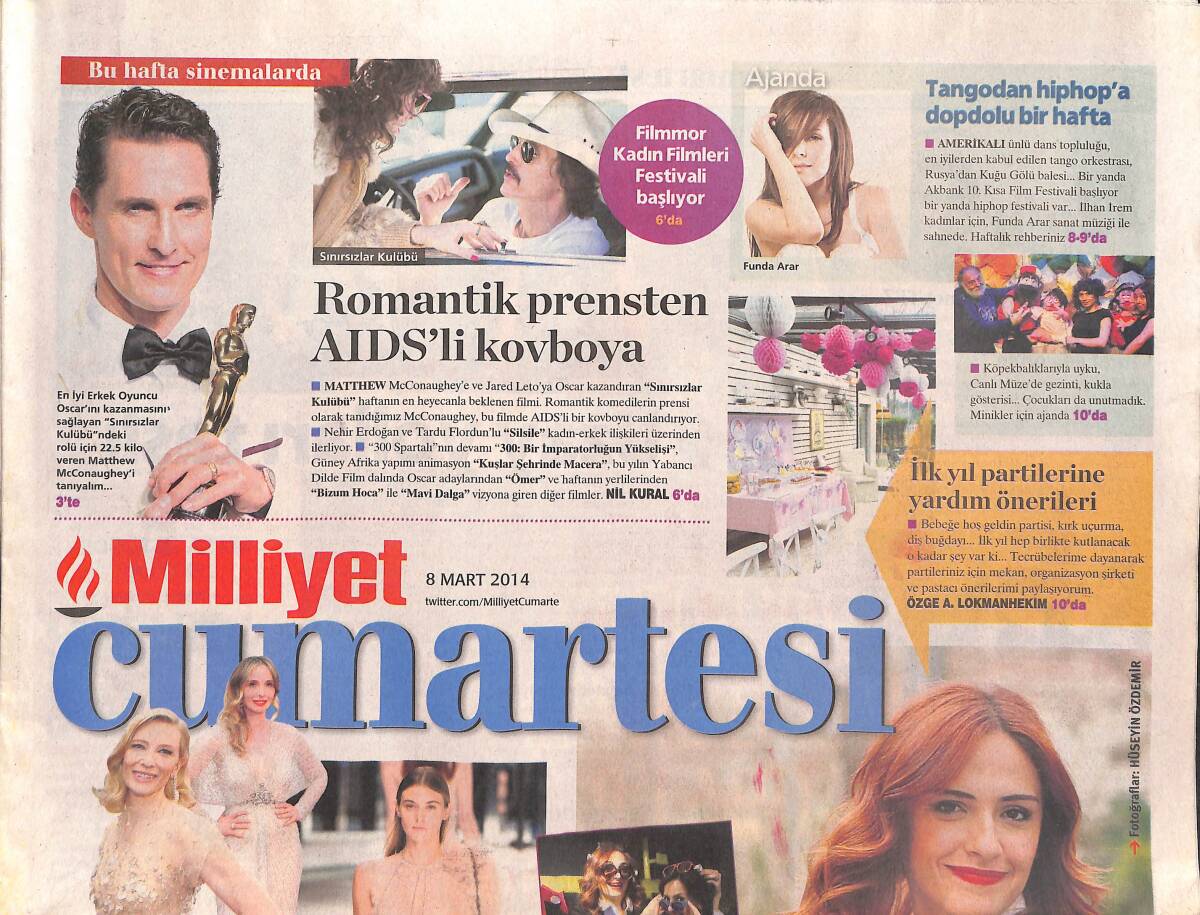 Milliyet Gazetesi Cumartesi Eki 8 Mart 2014 - En İyi Erkek Oyuncu Matthew McConaughey - 1000 Çocuğa Bisiklet GZ136502 - 1