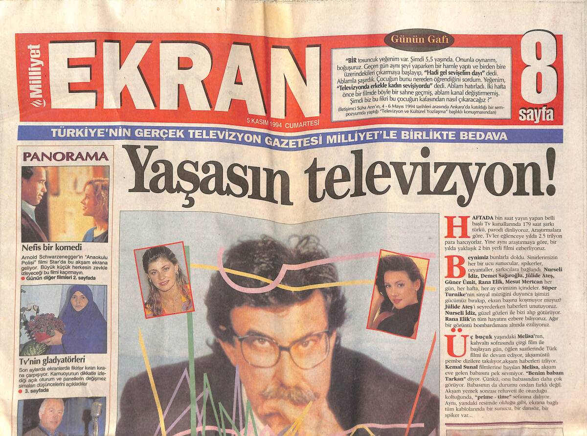Milliyet Gazetesi Ekran Eki 5 Kasım 1994 - Mehmet Ali Erbil 'Gecenin Rengi Şimdi Rengarenk' - Cem Özer'in Mutluluğu GZ142521 - 1