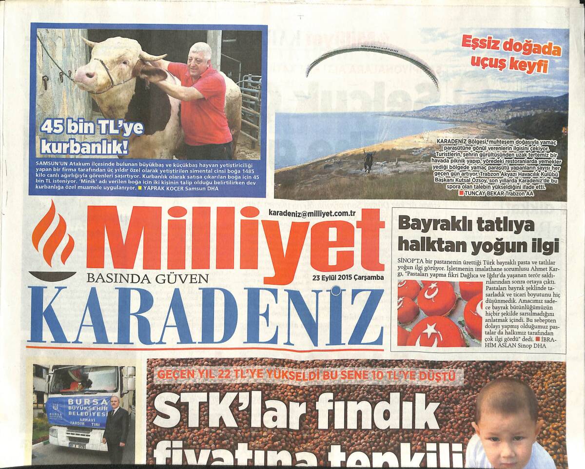 Milliyet Gazetesi Karadeniz Eki 23 Eylül 2015 - 45 Bin TL'ye Kurbanlık - STK'lar Fındık Fiyatına Tepkili GZ135967 - 1