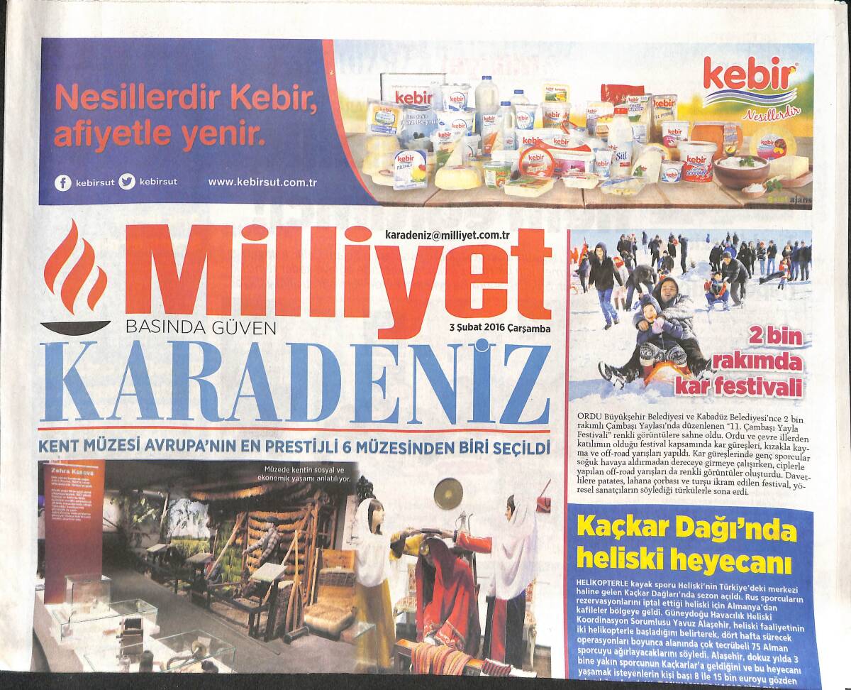 Milliyet Gazetesi Karadeniz Eki 3 Şubat 2016 - Samsun'a Büyük Ödül - Ayder'de Kar Şenliği GZ135270 - 1