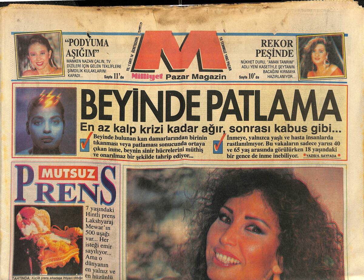 Milliyet Gazetesi Magazin Eki 19 Temmuz 1992 - Ayşegül Nadir Hissederek Yaşıyor - Fato İle Şener'in Feryadı Basıldık - Gençlerin Sevgilisi Sinan Özen GZ153145 - 1