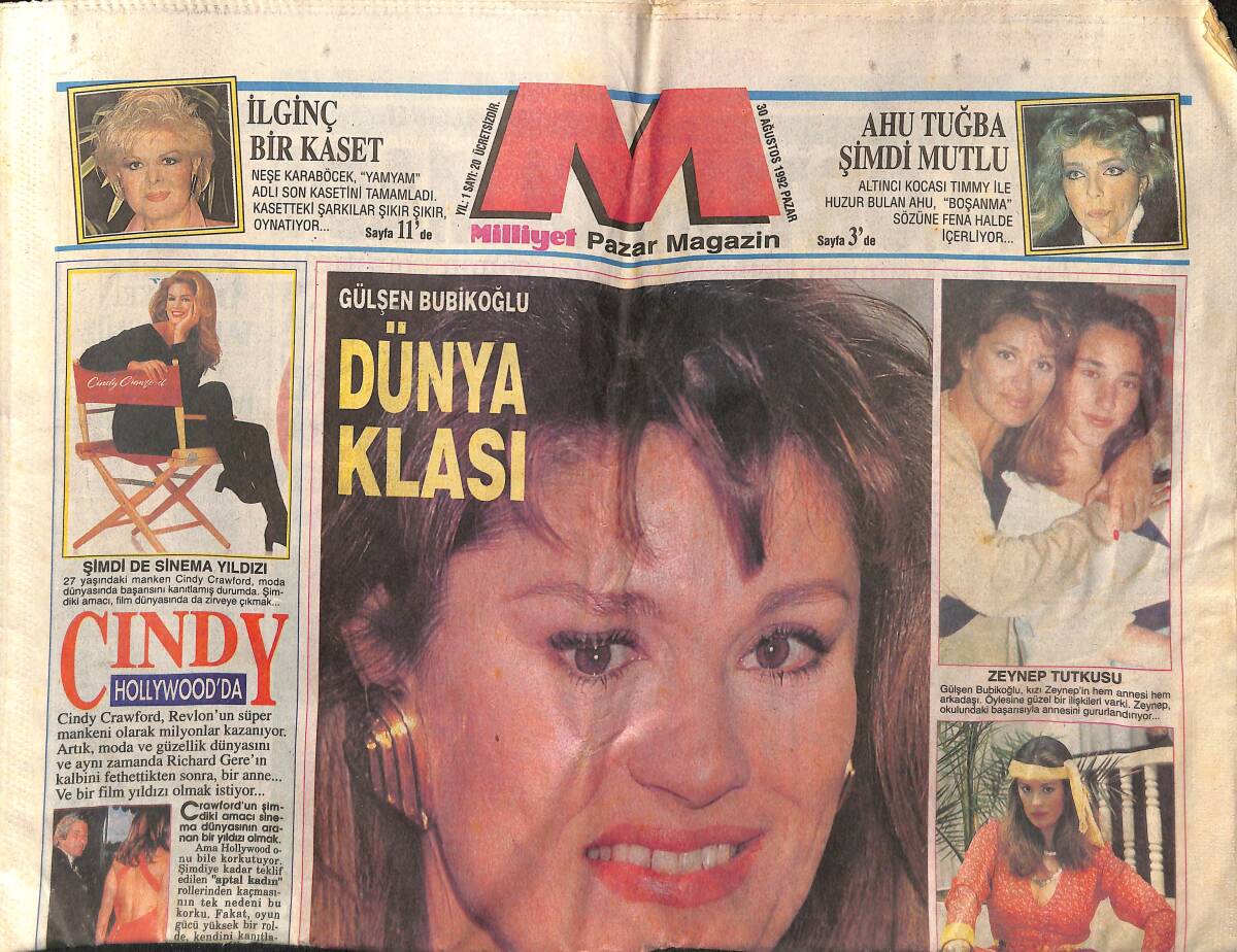 Milliyet Gazetesi Magazin Eki 30 Ağustos 1992 - Ahu Tuğba Şimdi Mutlu - Gülşen Bubikoğlu'na İtalyanlardan Teklif Var Ama... GZ152289 - 1