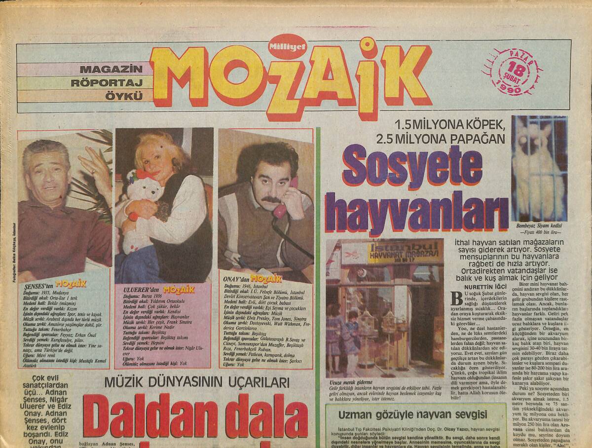 Milliyet Gazetesi Mozaik Eki 18 Şubat 1990 - Daldan Dala Konanlar * Adnan Şenses - Nigar Uluerer - Ediz Onay GZ157961 - 1