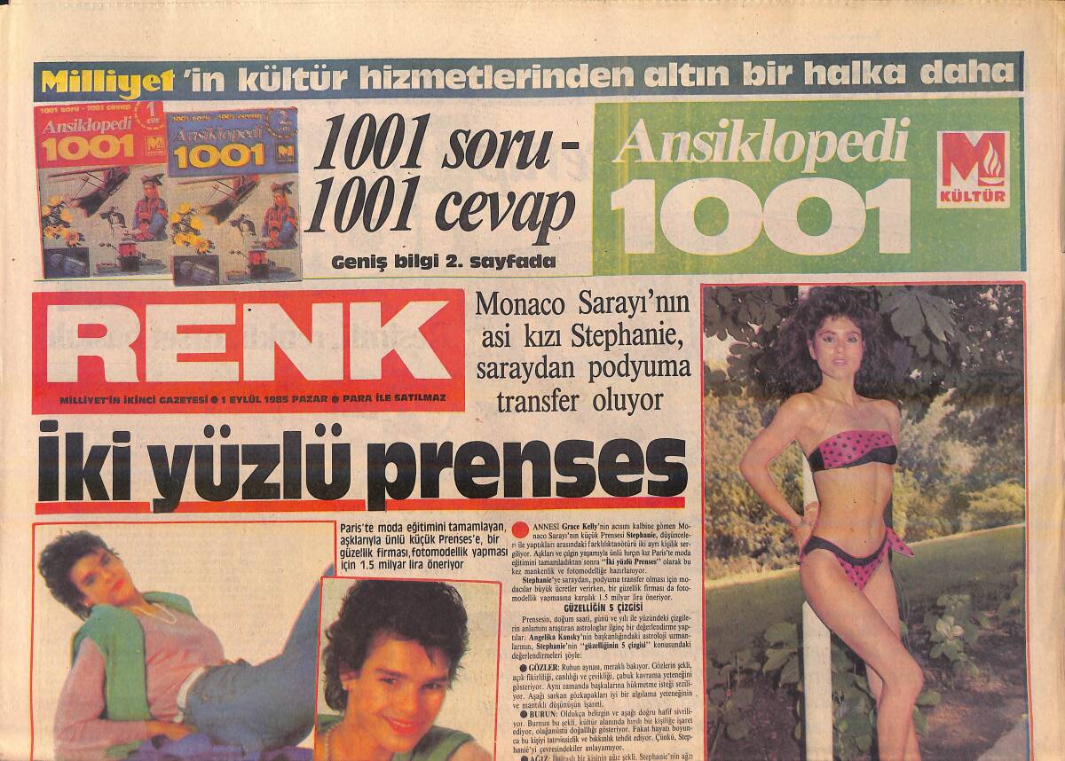 Milliyet Gazetesi Renk Eki 1 Eylül 1985 - Monaco Sarayının Asi Kızı Stephanie, Saraydan Podyuma - Zümrüt Cansel Annesinin Hayatını Oynamak İstiyor GZ156301 - 1