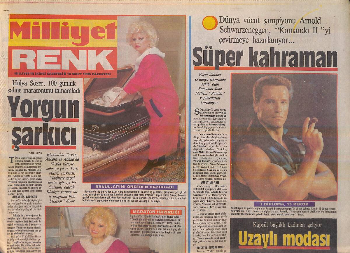 Milliyet Gazetesi Renk Eki 10 Mart 1986 - Hülya Sözer 100 Yıllık Maratonu Tamamladı - Arnold Schwarzenegger, Komando 2 Çevirmeye Hazırlanıyor GZ156294 - 1